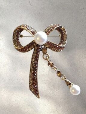 Rhinestone Bow Brooch with Pearl Accents